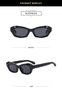 Detailed views of thick black irregular cat-eye sunglasses with polished frames