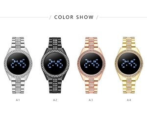 Detailed color show of four diamond-studded LED digital watches in silver black and gold
