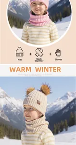 Detail of children's thick knit winter set with faux fur pom poms and ribbed texture
