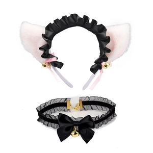 Detail of black cat ear headband and pink bell collar set for cosplay costumes