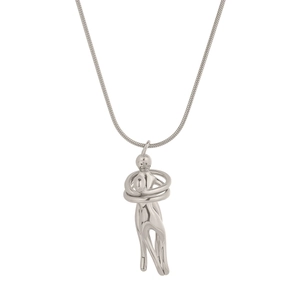 Detailed view of silver embrace pendant necklace featuring human figures on white background