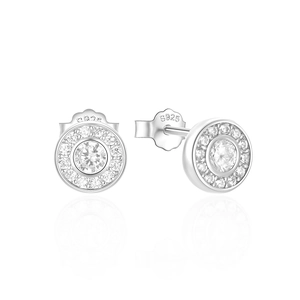 Macro shot of S925 sterling silver hoop earring showing clear zircon and S925 hallmark