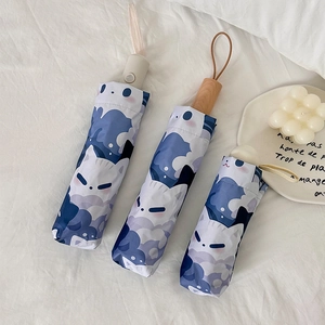 Cute cartoon cat folding umbrella with UV protection and blue cloud pattern