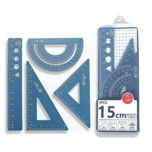 Blue 4-piece aluminum alloy geometry ruler set including protractor and triangles in storage case