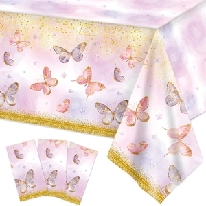 Pink and purple butterfly party table cover with matching napkins set for celebrations