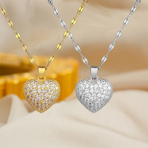 Elegant Heart Locket Necklace For Women With Shell Artificial Pearl And Pave Zircon Titanium Steel Chain Fashion Jewelry
