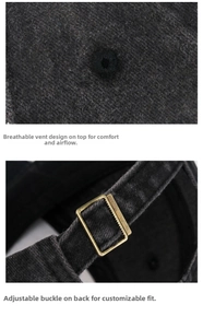 Close-up of vintage washed grey cotton cap showing bronze metal buckle and breathable eyelets