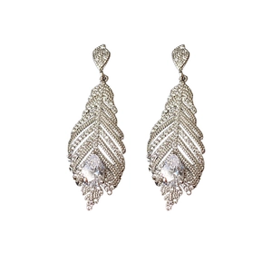 Silver leaf tassel earrings with sparkling pear-cut cubic zirconia and micro-pave stones