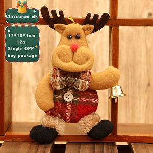 Plush Christmas reindeer ornament with plaid overalls and bell for holiday tree decoration