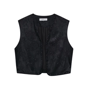 Gilet Vintage In Ecopelle Scamosciata Da Donna Ricamato Nero Senza Maniche Scollo A V Perline Floreale Boho