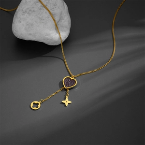 Elegant gold titanium steel heart pendant necklace with floral charms and leather texture