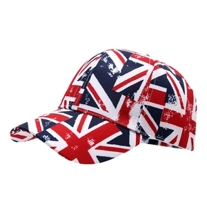 Vintage Union Jack baseball cap with distressed flag print for men and women in 45-degree view