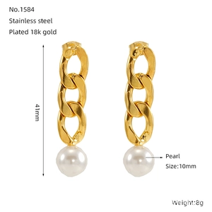 Détails de boucles d'oreilles en acier plaqué or 18k avec pendentif perle de 10mm et chaîne