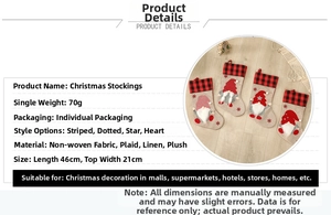 Detail showing Nordic Christmas gnome stocking with star pattern on burlap and plush fabric