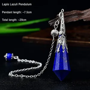 Lapis lazuli crystal pendulum necklace with 7.5cm cone pendant and 29cm silver chain