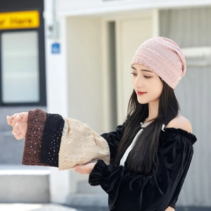 Women Lace Slouchy Beanie Hat Rhinestone Glitter Hollow Out Breathable Thin Skull Cap Spring Summer Fashion Headwear