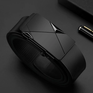 Men's black leather belt with automatic alloy buckle featuring geometric faceted design