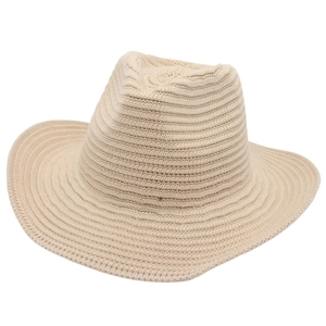 Beige knitted fedora hat with wide upturned brim and woven texture for women and men