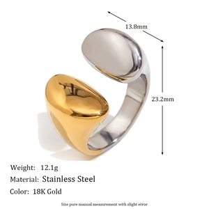 Bague ouverte asymétrique bicolore moderne en acier inoxydable plaqué or 18 carats