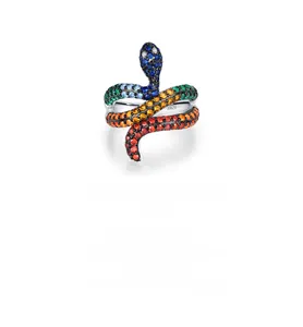 Macro shot of S925 silver snake ring with rainbow gradient zircon stones inlay