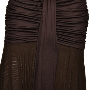 Detail of coffee brown pleated fabric with semi-transparent mesh stitching