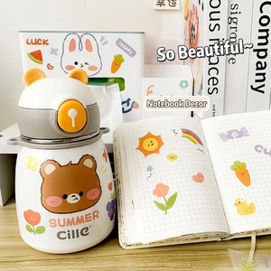Cute cartoon bear vacuum insulated water bottle for students with waterproof stickers
