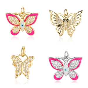 Copper zircon butterfly charms in gold and silver finish with colorful enamel details