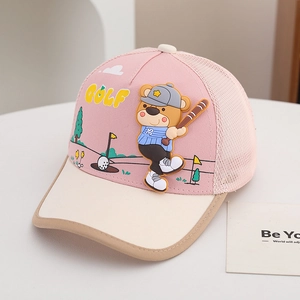 Detail of kids pink mesh golf cap showing 3D bear embroidery and reinforced brim stitching