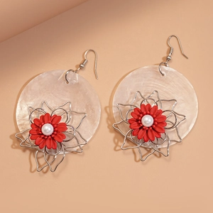 Bohemian large round shell earrings with red floral petals and pearl center