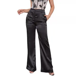 Elegant black high waist satin wide leg trousers with silky finish and side pockets