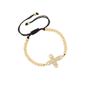 18K gold plated beaded bracelet with cubic zirconia butterfly charm on black woven cord