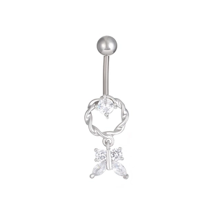 Silver butterfly belly button ring with sparkling zircon stones on a white background
