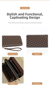 Detail view of large capacity long double zipper wallet with hand strap and multiple slots