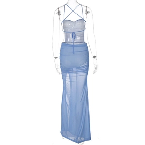 Detail of blue sheer mesh dress featuring an open back with cross straps and ruched texture