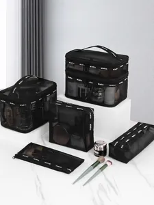 Black Mesh Cosmetic Bag Breathable Nylon Makeup Organizer Travel Toiletry Pouch Portable Zipper Storage Lightweight