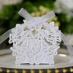 Detailed macro shot of white laser-cut butterfly gift box with a silk ribbon bow