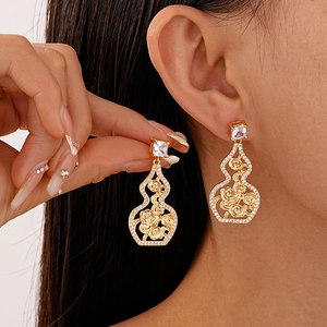 Gourd Dangle Earrings Hollow Flower Copper Zircon With 925 Sterling Silver Earring Post Chinese Style Jewelry For Women