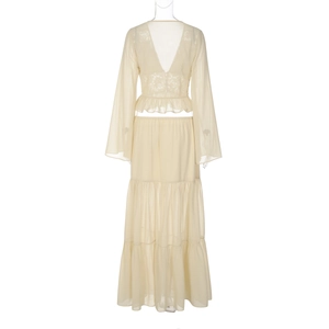 Close-up of the elegant lace trim and layered chiffon texture of the beige V-neck long sleeve