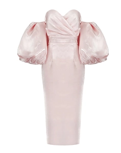 Close-up of pink off-shoulder satin dress with puffy sleeves and slim fit design