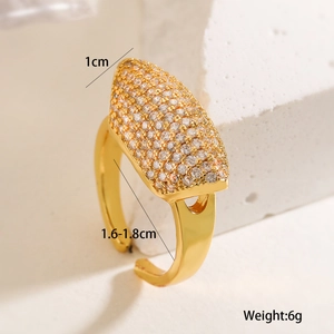 Detailed view of 18K gold plated ring with marquise zircon pave and dimensions