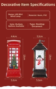 Detail showing dimensions of red phone booth and black lantern Christmas LED ornaments