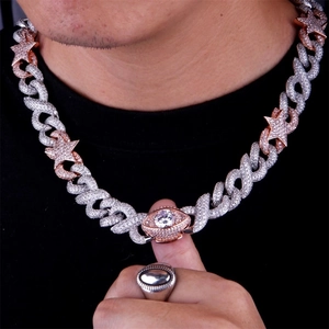 Detailed close-up of a hip-hop Cuban link chain with star and eye pendant on a model