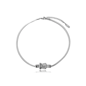 Silver snake chain choker with creative belt buckle pendant and adjustable clasp
