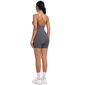 Detailed back view of dark grey bodysuit featuring U-shaped back and slim straps