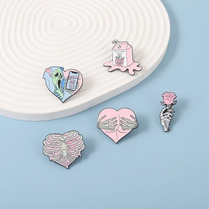 5-piece set of pink and blue punk enamel pins with skull and milk carton motifs