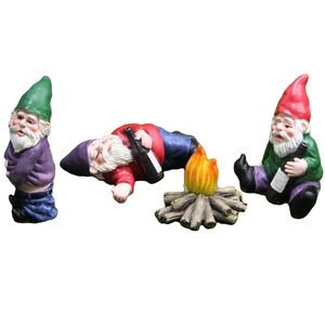 Set de nains de jardin de Noël en résine avec trois gnomes ivres et feu de camp