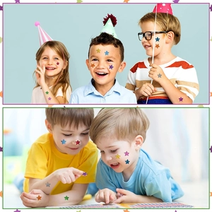 Close-up of kids wearing colorful glitter star stickers on skin at a birthday party