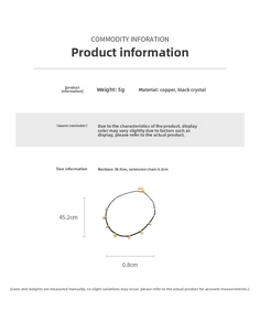 Tableau des tailles pour collier en perles noires avec dimensions de la chaîne d'extension