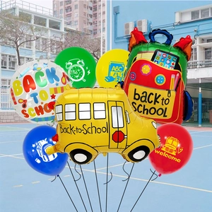 Back to School balloon set with yellow school bus, red backpack and colorful latex balloons