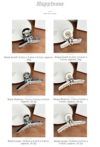 Size chart showing small, medium, large bow hair claws with specific length and weight details